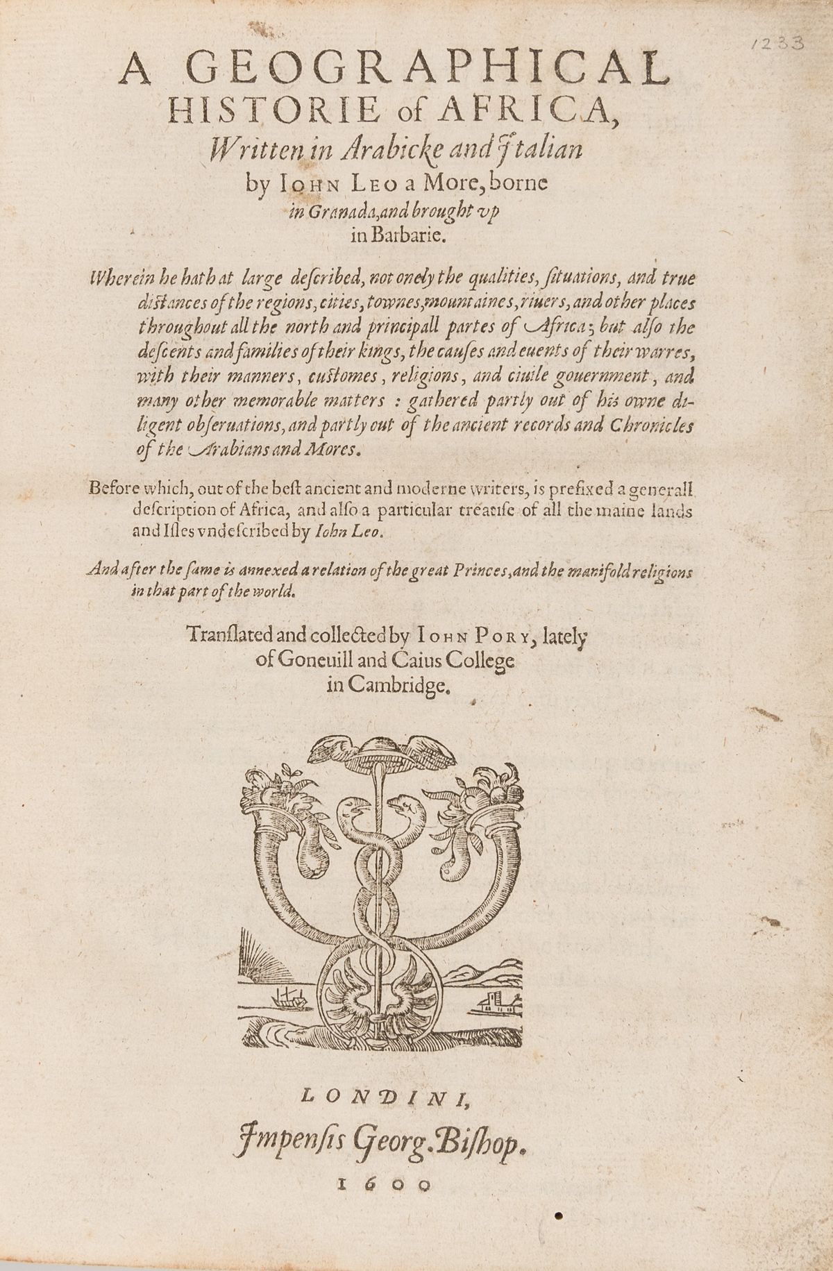 The title page of the 1600 English edition of Leo Africanus’s Geographical Historie The title page of the 1600 English edition of Leo Africanus’s Geographical Historie